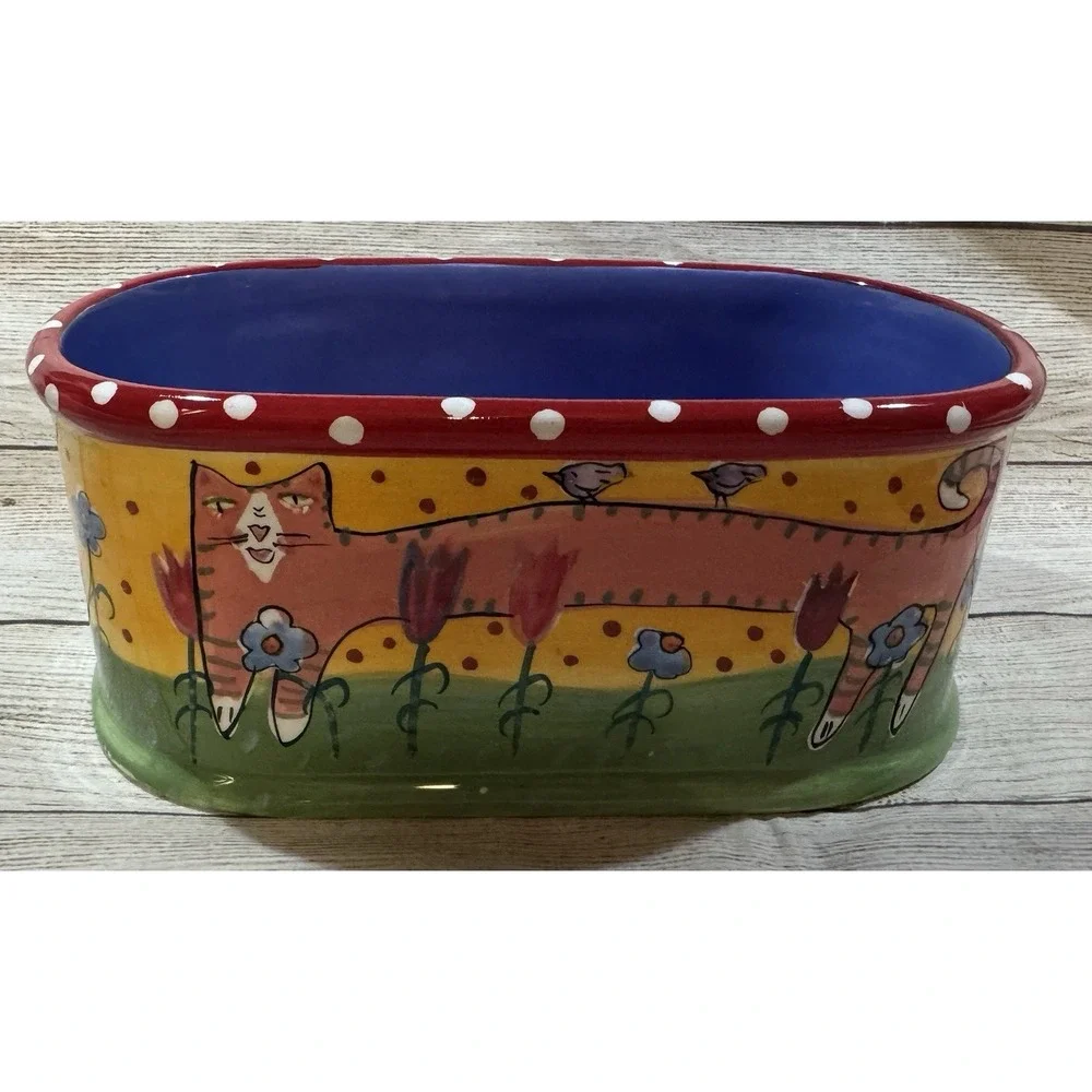 Sharon Bloom Whimsical Cats in Bloom Oval Planter Decor Henriksen Handpainted